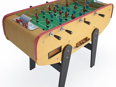 Wooden Foosball Table Sports Equipment With Red Trim Black Legs Green Field And Player Figures 3d model