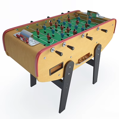 Wooden Foosball Table Sports Equipment With Red Trim Black Legs Green Field And Player Figures 3d model