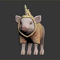 Cute Pink Pig With Unicorn Horn Wearing Orange Patterned Outfit Standing On Dark Reflective Surface