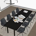 Modern Conference Table In Meeting Room With Black Chairs Projector Rolled Plans Charts And Documents