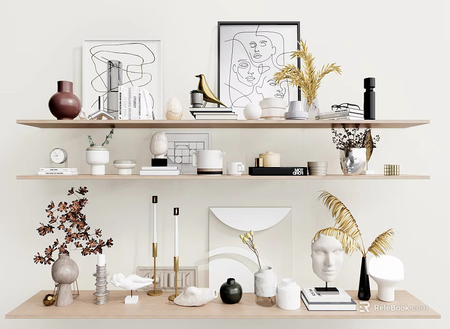 Modern Minimalist Decorative Ornament Collection With Vases Sculptures Plants Frames Books And Candles On Shelves 3d model 