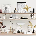 Modern Minimalist Decorative Ornament Collection With Vases Sculptures Plants Frames Books And Candles On Shelves