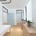 Simple Modern Room Interior With White Bed Wooden Floor And Potted Plants