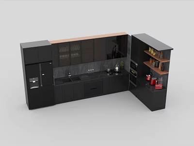 Modern Black Kitchen Cabinets With Drawers Storage Units Dark Countertop And Integrated Appliances 3d model