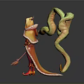 Elegant Woman in Red Orange Outfit With Snake Decorations And Magic Staff