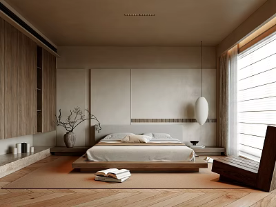 Modern Minimalist Bedroom With Wooden Elements Large Window And Pendant Light 3d model