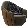 Modern Single Sofa With Curved Back Light Gray Upholstery And Dark Plaid Blanket