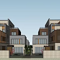 Modern Townhouse Exterior Design With Wooden Stone Facade Large Windows And Courtyard Green Plants