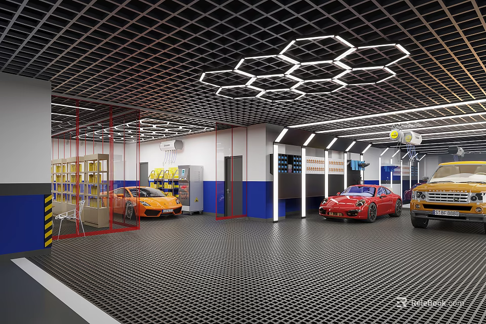 4S Dealership Showroom Interior Featuring Red Orange Cars SUV And Display Lighting Facilities 3d model 