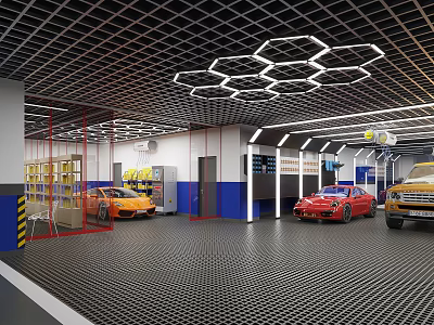 4S Dealership Showroom Interior Featuring Red Orange Cars SUV And Display Lighting Facilities 3d model