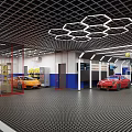 4S Dealership Showroom Interior Featuring Red Orange Cars SUV And Display Lighting Facilities