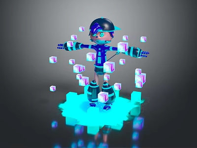 Man In Futuristic Helmet With Floating Purple Cubes And Blue Glowing Digital Base 3d model