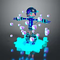 Man In Futuristic Helmet With Floating Purple Cubes And Blue Glowing Digital Base