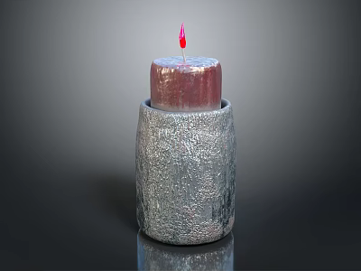 Candle Lamp With Textured Silver Container And Lit Red Candle For Modern Home Decor 3d model