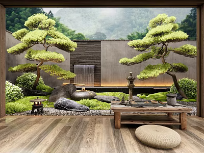 Japanese-style courtyard landscape dry landscape rockery waterscape wall tea table stone pine moss plant landscape 3d model