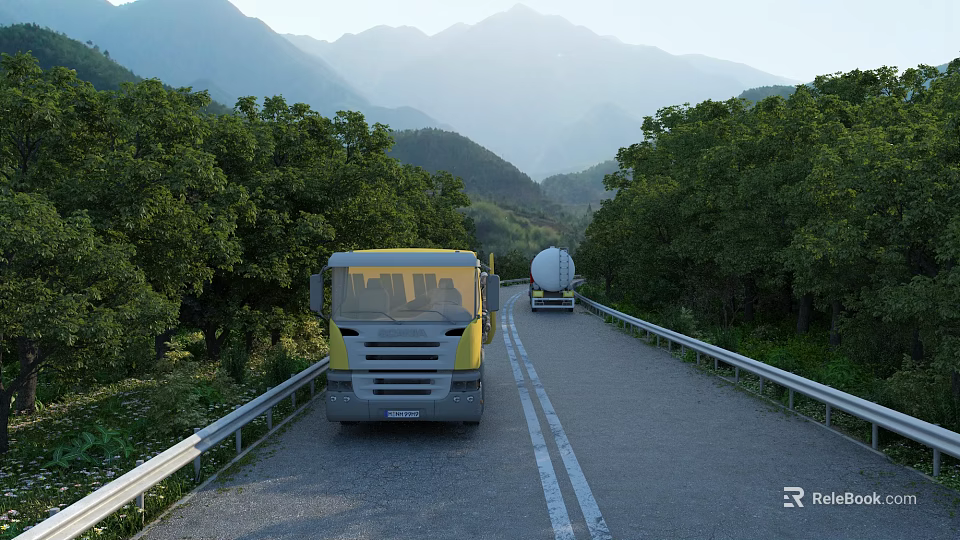 Rural Mountain Road With Guardrails And Two Trucks Driving Through Lush Green Trees 3d model 