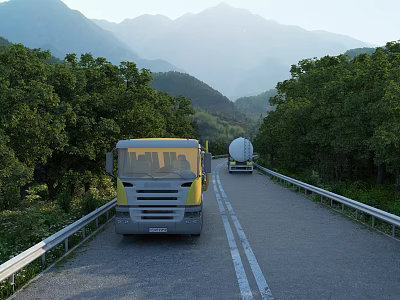 Rural Mountain Road With Guardrails And Two Trucks Driving Through Lush Green Trees 3d model