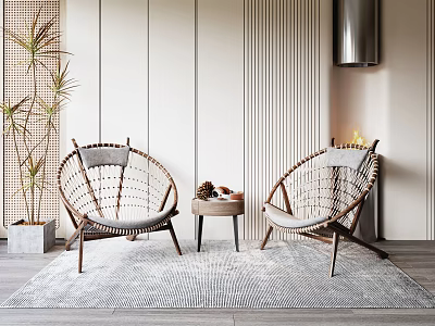 Woven Rattan Chairs With Small Table Set In Natural Minimalist Interior 3d model