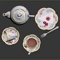 Elegant White And Pink Tea Set With Rose Patterns Teapot Teacups Saucers And Strawberry Cake