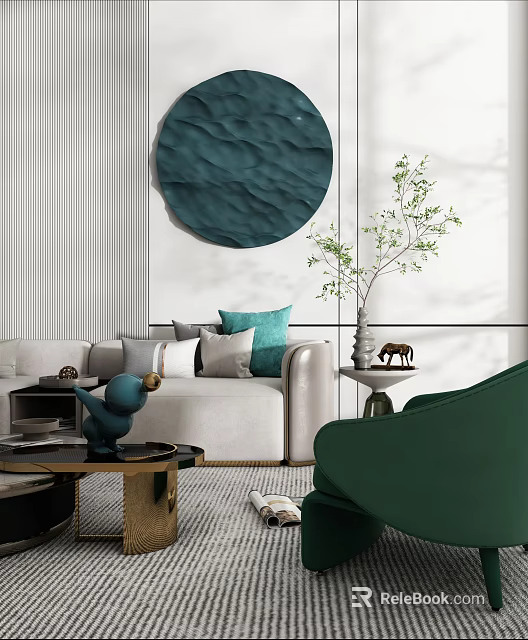 Modern Light Beige Sofa And Coffee Table Set With Green Pillows And Decorative Wall Art 3d model 