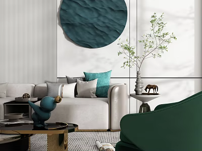 Modern Light Beige Sofa And Coffee Table Set With Green Pillows And Decorative Wall Art 3d model