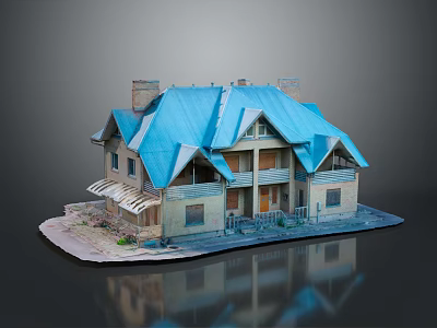 Classic Semi Detached Villa Exterior Design With Blue Roof Stone Walls And Balconies 3d model