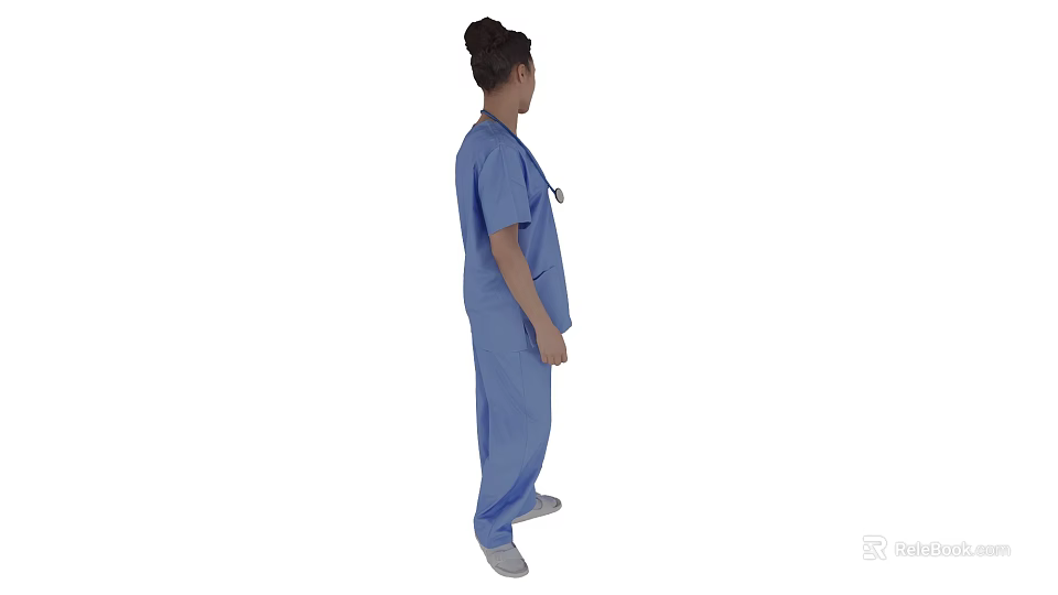 Woman in blue medical scrubs standing with stethoscope around neck on uniform 3d model 