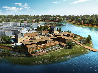 Modern Lakeside Garden Landscape With Wooden Recreational Buildings And Timber Walkways Surrounded By Lush Greenery 3d model