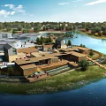 Modern Lakeside Garden Landscape With Wooden Recreational Buildings And Timber Walkways Surrounded By Lush Greenery