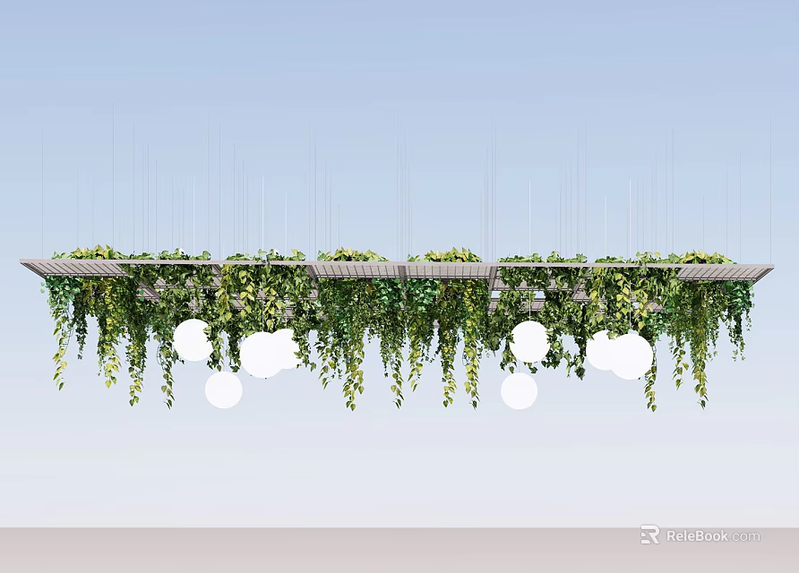 Lush Hanging Vines With Green Leaves Decorating Metal Frame And White Spherical Lights 3d model 