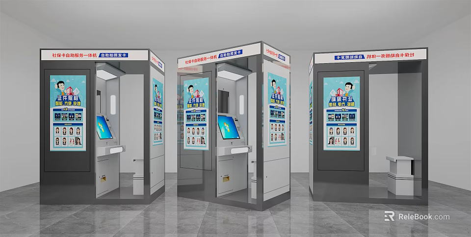 Public Facility Self Service Kiosks With Interactive Touch Screens And Information Posters 3d model