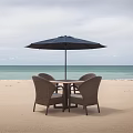 Wicker Leisure Chairs On Beach With Umbrella Table And Blue Sea Sky View