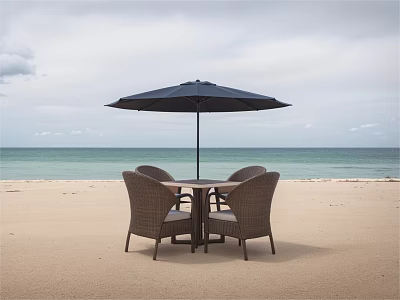 Wicker Leisure Chairs On Beach With Umbrella Table And Blue Sea Sky View 3d model