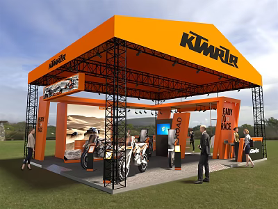 Orange KTM Exhibition Booth Featuring Motorcycles Metal Frame And Outdoor Grass Area 3d model