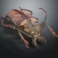 Detailed View of Flying Beetle with Brown Body Long Antennae and Legs on Black Background