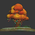 Colorful Cartoon Scene With Cloud Like Tree Orange Yellow Canopy Green Grass And Small Flowers