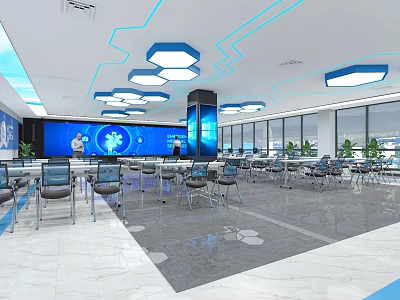 Modern Conference Room With Blue Accents Large Screen Tables Chairs And Lighting Design 3d model
