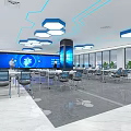 Modern Conference Room With Blue Accents Large Screen Tables Chairs And Lighting Design