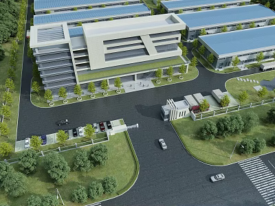 Modern Industrial Factory Building With Solar Panels Greenery Parking Lot And Entrance Area 3d model