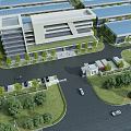 Modern Industrial Factory Building With Solar Panels Greenery Parking Lot And Entrance Area