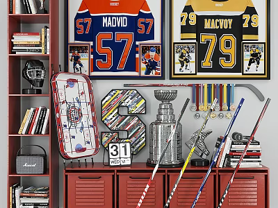 Hockey Sports Equipment Collection With Sticks Trophy Medals Jerseys Helmet And Red Lockers 3d model