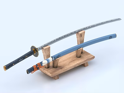 Traditional Japanese Katana Sword With Blue Blade On Wooden Stand And Decorative Hilt 3d model