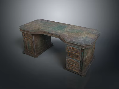 Vintage Wooden Desk Featuring Distressed Surface Drawers And Storage Cabinets 3d model