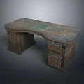 Vintage Wooden Desk Featuring Distressed Surface Drawers And Storage Cabinets