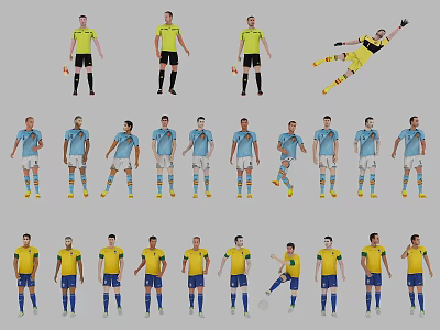 Multiple Soccer Players In Different Colored Jerseys And Various Action Poses 3d model