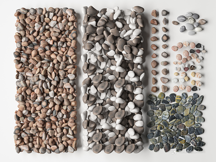 Natural Stone and Wood Materials Display with Various Pebbles Colors Shapes and Types 3d model 