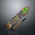 Skateboard Equipment Featuring Unique Design Green Accents And Mechanical Details On Deck And Wheels