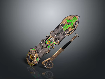 Skateboard Equipment Featuring Unique Design Green Accents And Mechanical Details On Deck And Wheels 3d model