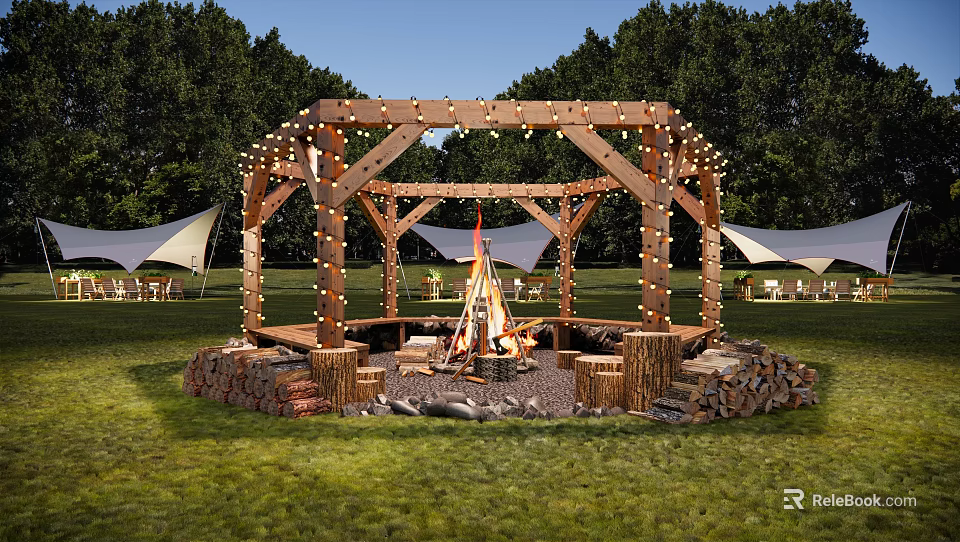 Scenic Campsite With Wooden Pavilion String Lights Bonfire Log Seats Tents And Wooded Backdrop 3d model 