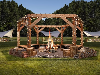 Scenic Campsite With Wooden Pavilion String Lights Bonfire Log Seats Tents And Wooded Backdrop 3d model